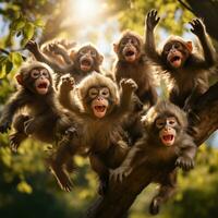 AI generated monkeys swinging from tree to tree, their furry bodies and long tails creating a lively scene photo