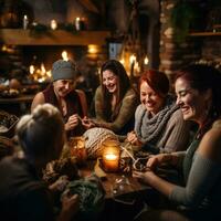 AI generated A group of women knitting together in a cozy living room with a fireplace in the background photo