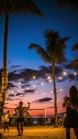 ai generado un grupo de personas jugando playa vóleibol debajo el luces, con el sonido de el ondas. foto