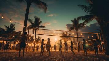 AI generated A group of people playing beach volleyball under the lights, with the sound of the waves. photo