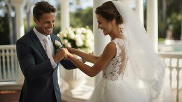 AI generated A groom helping his bride adjust her veil before walking down the aisle photo