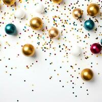 AI generated A festive and fun holiday scene with golden balls and colorful confetti against a white backdrop photo