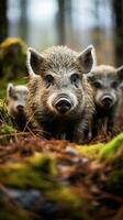 ai generado un familia de salvaje jabalíes alimentándose mediante el bosque piso, su distintivo hocicos y erizado piel en lleno monitor foto