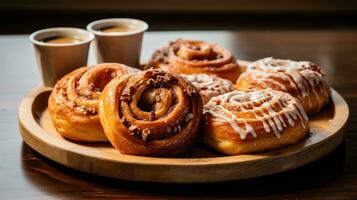 AI generated A flat lay of a wooden table with a variety of baked goods, including cinnamon rolls, muffins photo