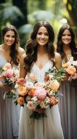 AI generated A group of bridesmaids holding colorful bouquets while standing in a lush garden. photo