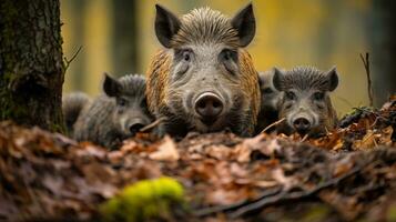 ai generado un familia de salvaje jabalíes alimentándose mediante el bosque piso, su distintivo hocicos y erizado piel en lleno monitor foto