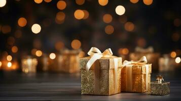 AI generated glamorous Christmas composition with gold and white ornaments and glitter background photo