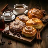 AI generated A flat lay of a wooden table with a variety of baked goods, including cinnamon rolls, muffins photo