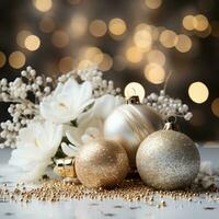 AI generated glamorous Christmas composition with gold and white ornaments and glitter background photo