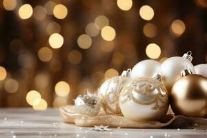 AI generated glamorous Christmas composition with gold and white ornaments and glitter background photo