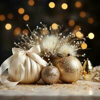 AI generated glamorous Christmas composition with gold and white ornaments and glitter background photo