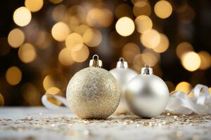 AI generated glamorous Christmas composition with gold and white ornaments and glitter background photo