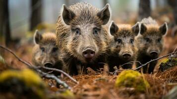 ai generado un familia de salvaje jabalíes alimentándose mediante el bosque piso, su distintivo hocicos y erizado piel en lleno monitor foto