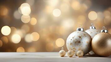 AI generated glamorous Christmas composition with gold and white ornaments and glitter background photo