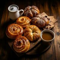 AI generated A flat lay of a wooden table with a variety of baked goods, including cinnamon rolls, muffins photo