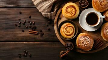 AI generated A flat lay of a wooden table with a variety of baked goods, including cinnamon rolls, muffins photo