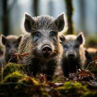 ai generado un familia de salvaje jabalíes alimentándose mediante el bosque piso, su distintivo hocicos y erizado piel en lleno monitor foto