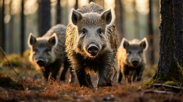 ai generado un familia de salvaje jabalíes alimentándose mediante el bosque piso, su distintivo hocicos y erizado piel en lleno monitor foto