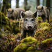 ai generado un familia de salvaje jabalíes alimentándose mediante el bosque piso, su distintivo hocicos y erizado piel en lleno monitor foto