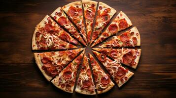 AI generated pizza slices arranged in a spiral pattern, emphasizing the symmetrical beauty of the pizza photo