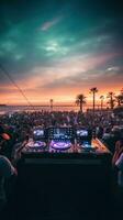 ai generado un DJ cabina en el playa con un multitud de personas bailando y teniendo divertido en el antecedentes foto