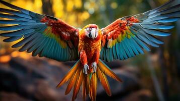 ai generado un vistoso loro en en pleno vuelo, con sus alas untado amplio y sus plumas un arco iris de colores foto