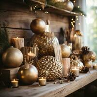 AI generated A cozy and rustic holiday setup with golden spheres, pinecones, and a wood plank background. photo