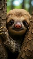 AI generated A sloth hanging upside down from a tree branch, its face peering out from behind its shaggy fur photo