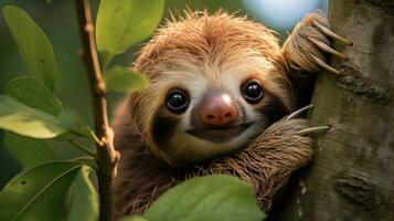 AI generated A sloth hanging upside down from a tree branch, its face peering out from behind its shaggy fur photo