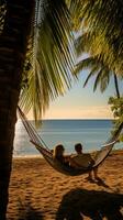 ai generado Pareja descansando en un hamaca atado Entre dos palma arboles en arenoso playa con el Oceano en antecedentes foto