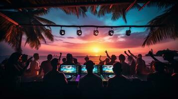 AI generated A DJ booth on the beach with a crowd of people dancing and having fun in the background photo