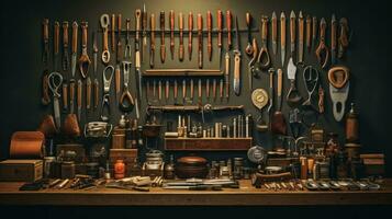 AI generated barber's tools arranged, including scissors, combs, razors, and other implements of the trade. photo