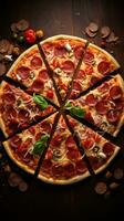 AI generated pizza slices arranged in a spiral pattern, emphasizing the symmetrical beauty of the pizza photo