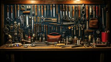 AI generated barber's tools arranged, including scissors, combs, razors, and other implements of the trade. photo