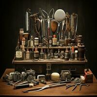 AI generated barber's tools arranged, including scissors, combs, razors, and other implements of the trade. photo