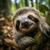 AI generated A sloth hanging upside down from a tree branch, its face peering out from behind its shaggy fur photo