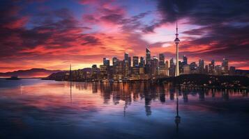 AI generated a city skyline at sunrise, showcasing the vibrancy and excitement of modern urban life. photo