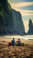 AI generated A family having a picnic on a secluded beach, with a backdrop of towering cliffs and crashing waves photo
