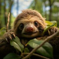 AI generated A sloth hanging upside down from a tree branch, its face peering out from behind its shaggy fur photo