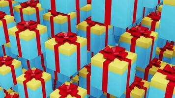 3d weergegeven video van cadeaus dozen, vallen geschenk dozen van de bovenkant, Kerstmis of verjaardag, veel van geschenk doos in twee lijnen in beweging tegenover richting isometrische vlak stijl looping animatie video 4k beeldmateriaal