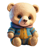 AI generated A stuffed animal toy of a cute teddy bear wearing blue baby clothes. png