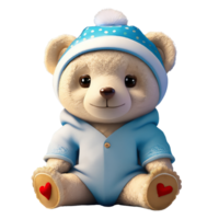 AI generated A stuffed animal toy of a cute teddy bear wearing blue baby clothes. png