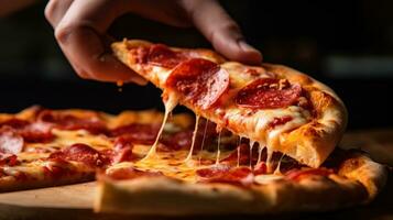 AI generated person's hand holding a slice of pizza with a bite taken out of it, conveying the satisfaction photo
