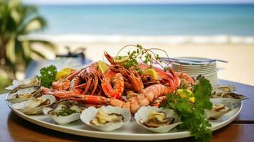 AI generated plate of delicious seafood appetizers served on a beach table with a picturesque view of the sea photo