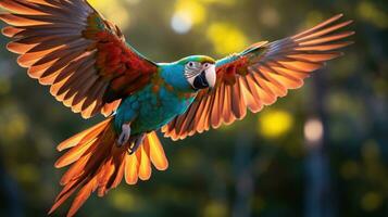 ai generado un vistoso loro en en pleno vuelo, con sus alas untado amplio y sus plumas un arco iris de colores foto