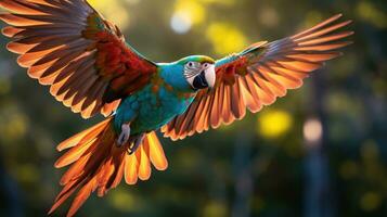 AI generated A colorful parrot in mid-flight, with its wings spread wide and its feathers a rainbow of colors photo