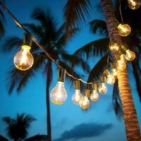 AI generated string of light bulb garlands hanging between two palm trees on a beach photo