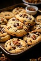 AI generated tray of freshly baked cookies, with chocolate chips and chunks of nuts peeking out from the dough. photo