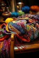 AI generated pair of hands knitting a colorful striped scarf photo