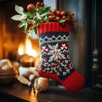 AI generated knitted Christmas stocking with a festive design photo